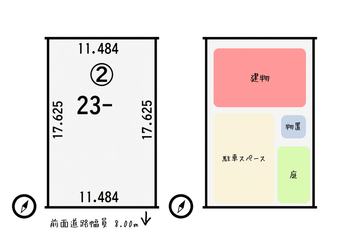 苫小牧市桜木町3丁目の土地の配置イメージ（建物・駐車スペース・庭・物置）