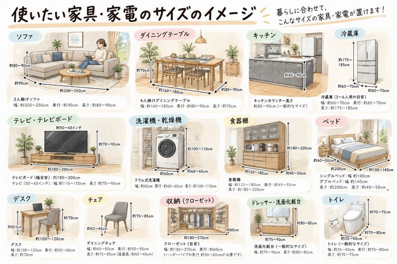 使いたい家具・家電のサイズのイメージ。ソファ、ダイニングテーブル、冷蔵庫、洗濯機などの幅・奥行き・高さの目安