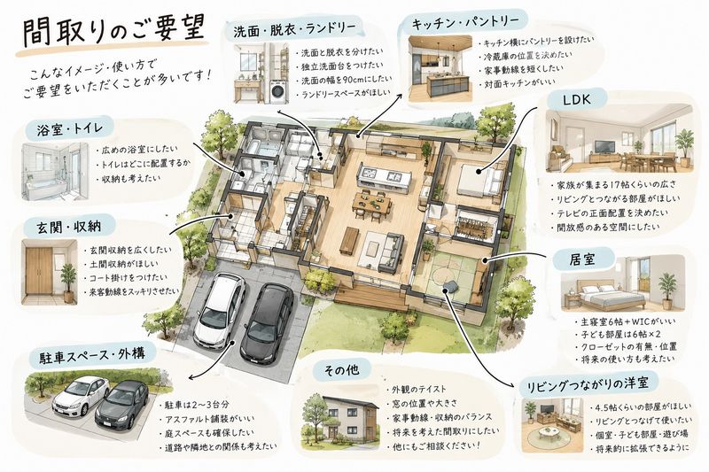 間取りのご要望のイメージ。洗面・脱衣、キッチン・パントリー、LDK、玄関収納、駐車スペースなど場所別の要望例