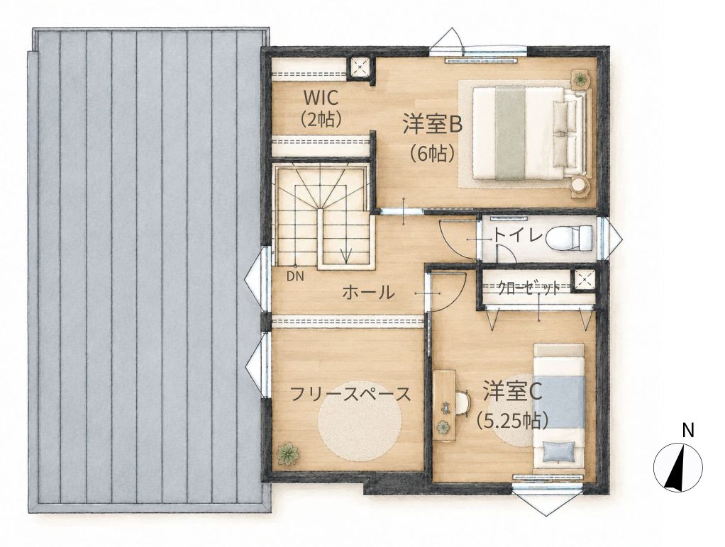 千歳市大和3丁目 分譲住宅 2階間取り図(洋室B・洋室C・フリースペース)