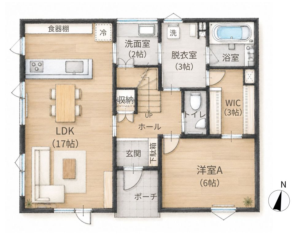 千歳市大和3丁目 分譲住宅 1階間取り図(LDK17帖・洋室A・洗面室・脱衣室・WIC)